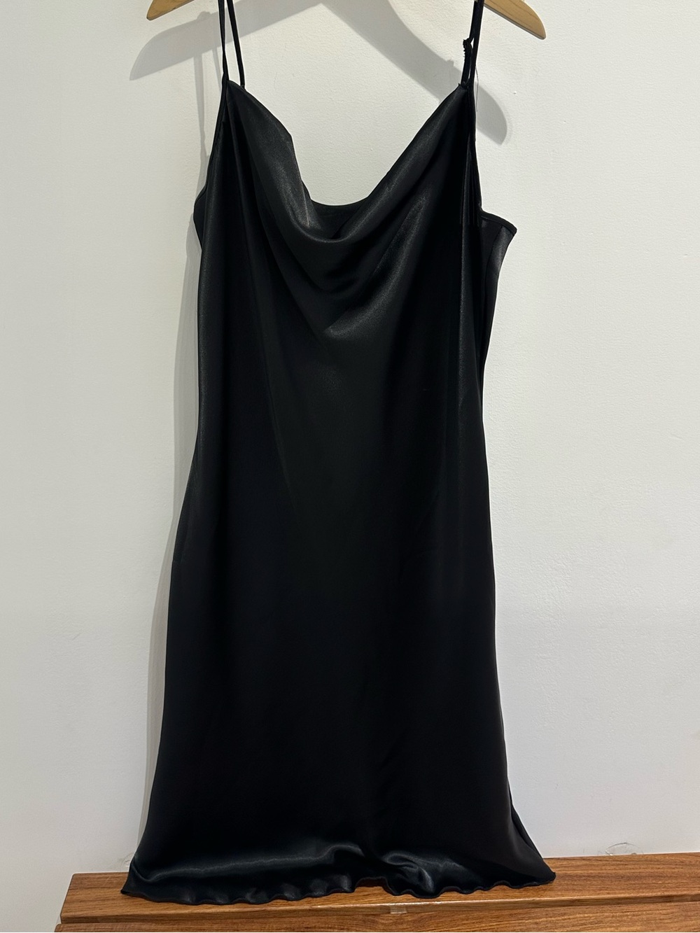 Bebe Black Satin Slip Dress - Cowl Neck, Spaghetti Straps